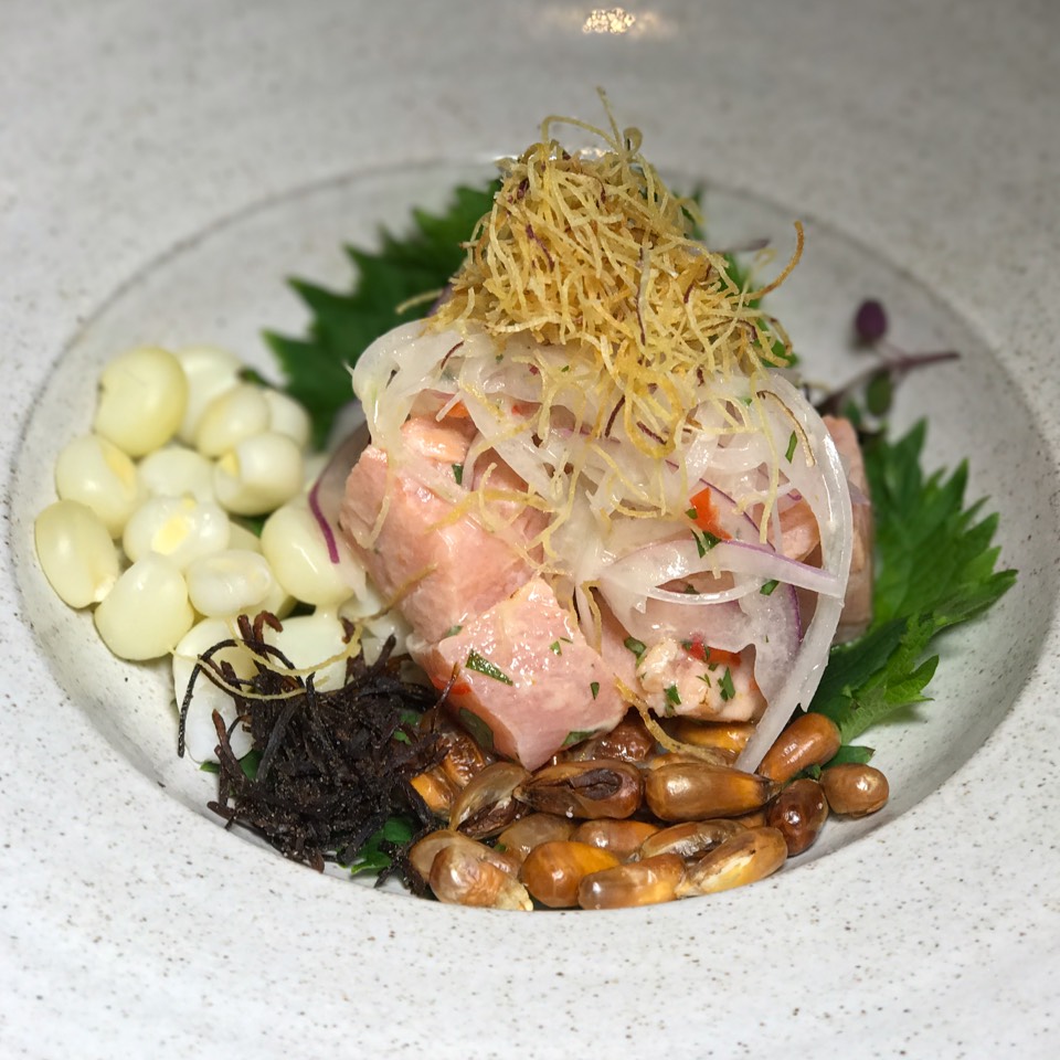 Nikkei Ceviche (Torched Salmon, Cancha, Oba, Yuzu) from Sen Sakana on #foodmento http://foodmento.com/dish/43100