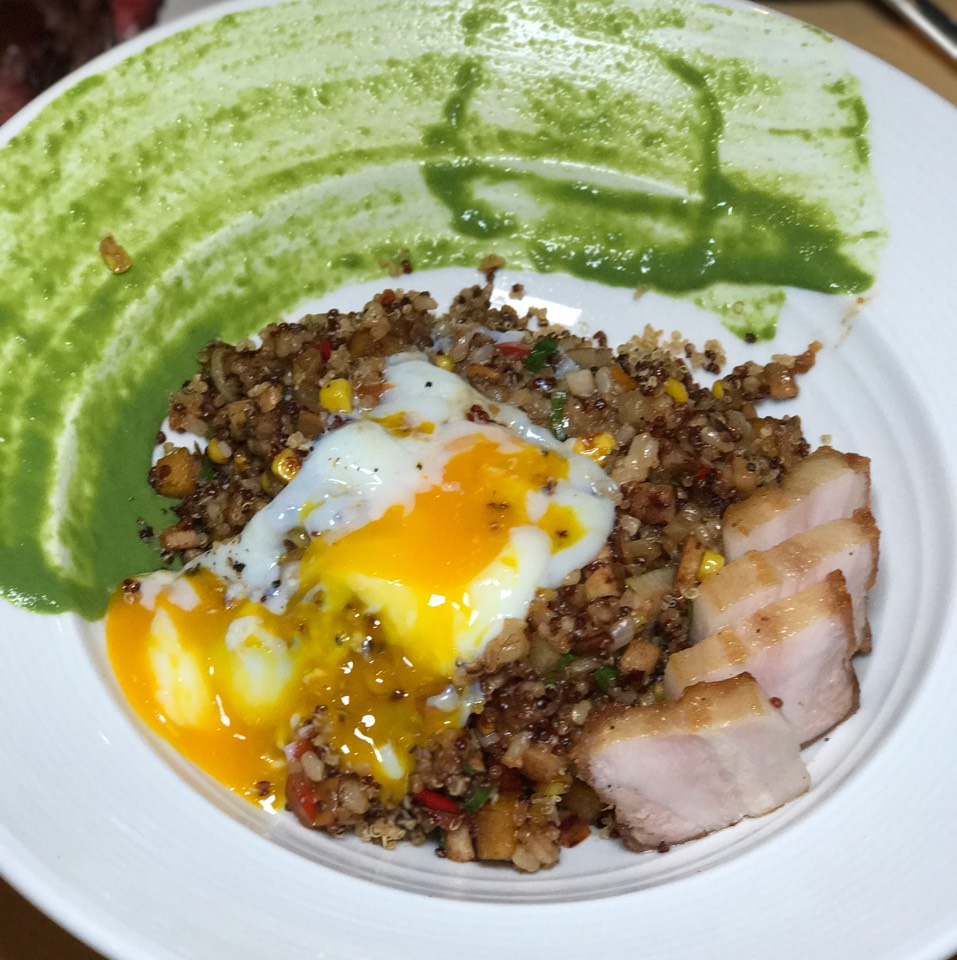 Quinoa Chaufa (Pork Belly, Brown Rice, Smoked Oshinko, Onsen Egg) from Sen Sakana on #foodmento http://foodmento.com/dish/43106