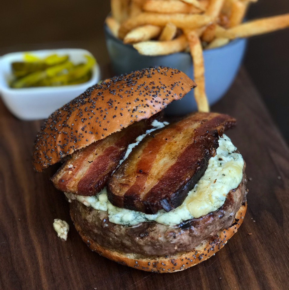 The "Fed" Burger (8oz Ground Chuck, Thick Cut Bacon, Stilton Blue Cheese) from Blue Ribbon Federal Grill on #foodmento http://foodmento.com/dish/43375