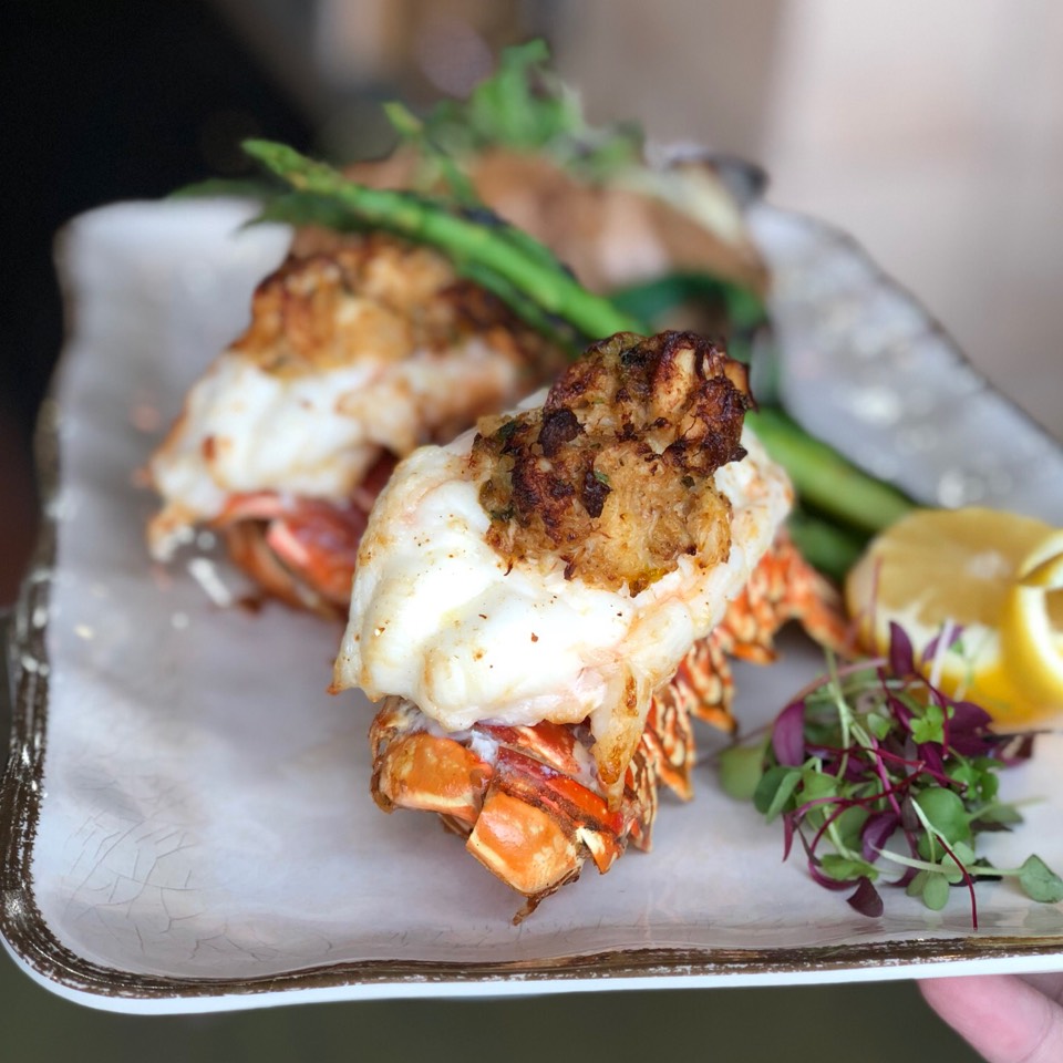 Twin Crab Stuffed Lobster Tails, Grilled Asparagus, Baked Potato, Sweet Mustard on #foodmento http://foodmento.com/dish/44929
