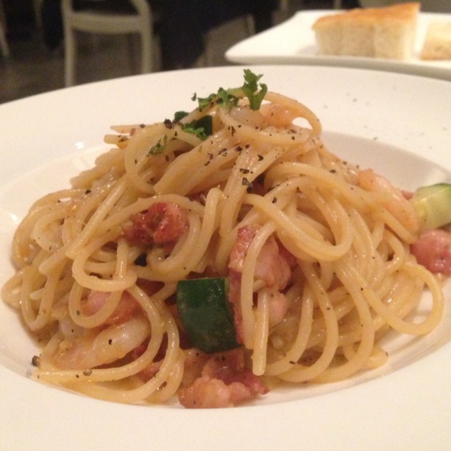Spaghetti Aglio Olio (Shrimp, Bacon, Zucchini, Garlic, Olive Oil) at Trattoria Bonissima on #foodmento http://foodmento.com/place/1178