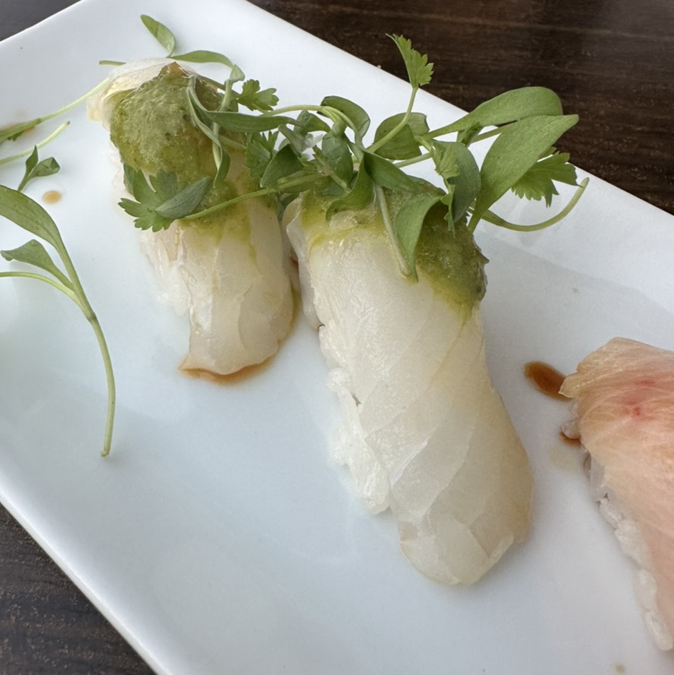 Halibut Sushi, Yuzu Pepper, Jalapeno Sauce $8 at Sushi Fumi on #foodmento http://foodmento.com/place/11805