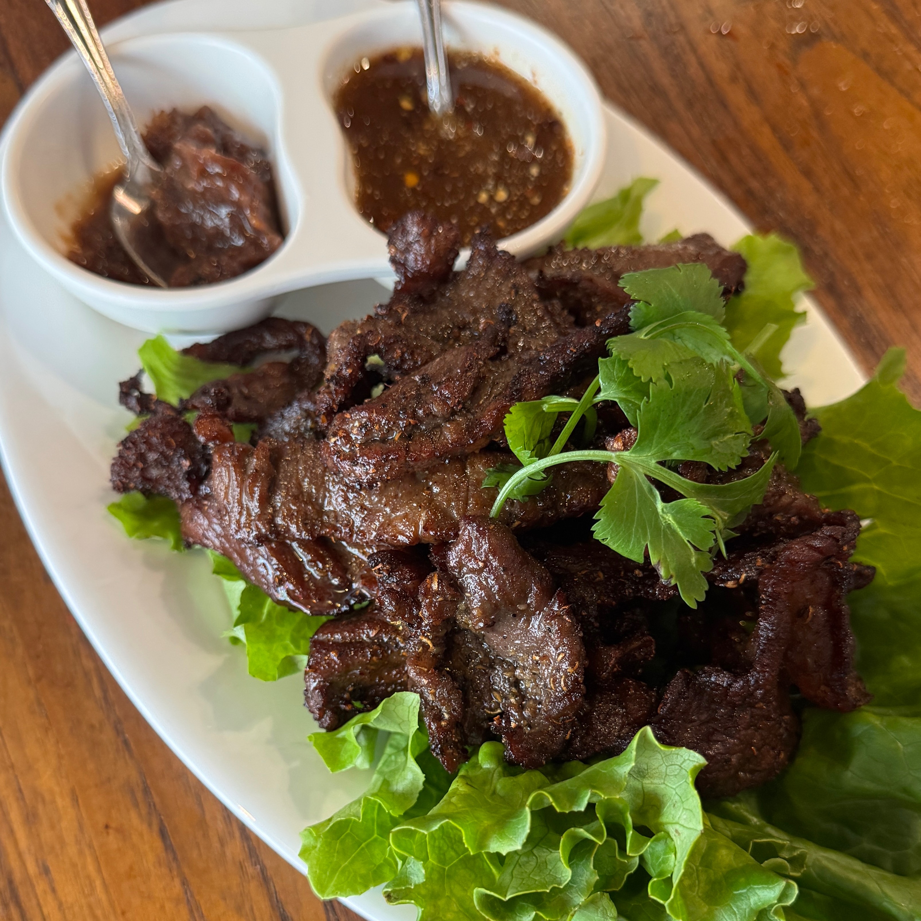 Beef Jerky, Special Jaew Sauce $16 at Noree Thai on Beverly by Chef Fern & Chef Pla on #foodmento http://foodmento.com/place/12293