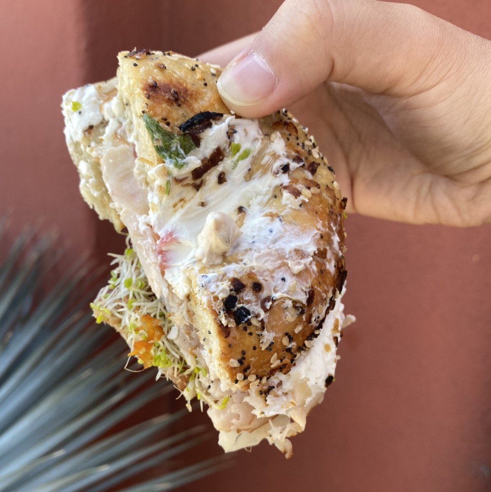 The Birdman Bagel Sandwich (Smoked Turkey, Bacon, Sprouts, Scallion Schmear) from Yeastie Boys Bagels on #foodmento http://foodmento.com/dish/50146