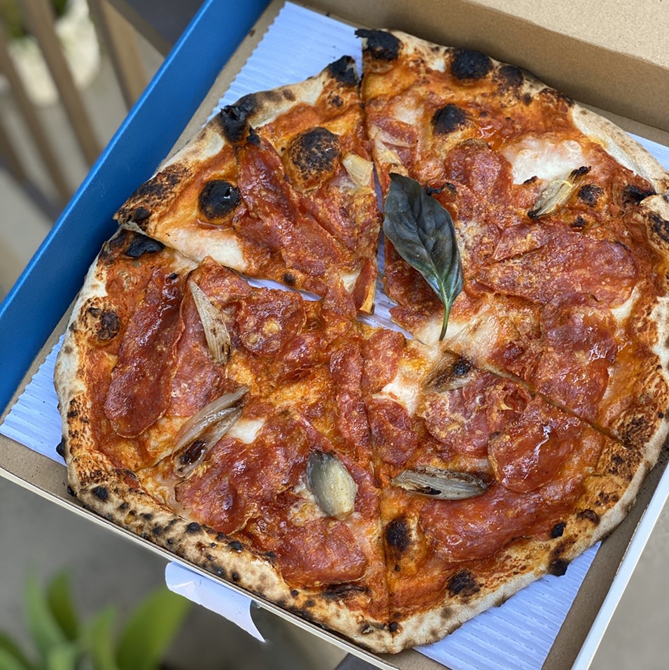 Diavola Pizza Pie (Spicy Salami, Fior Di Latte, Nduja Walnut Romesco, Honey, Charred Shallots) at Pizzana on #foodmento http://foodmento.com/place/12882