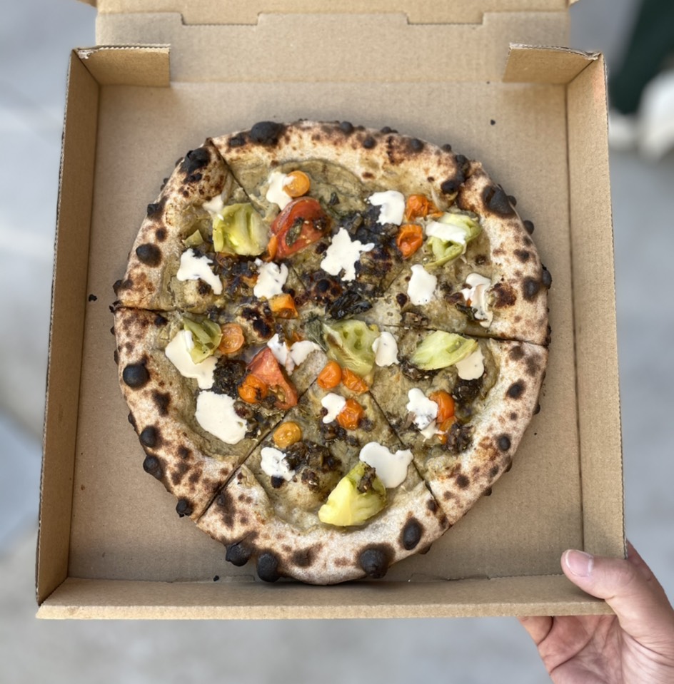 Al-Frishman Pizza (Smoky Eggplant, Tomatoes, Tahini, Za'atar Oil) from Tartine Sycamore on #foodmento http://foodmento.com/dish/50925