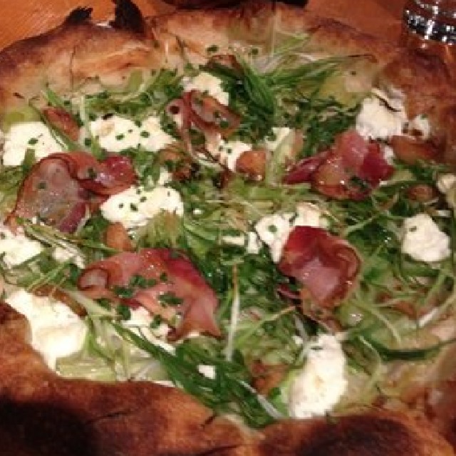 Pizza (Fresh Goat Cheese, Leeks, Scallions, Garlic & Bacon) at Pizzeria Mozza on #foodmento http://foodmento.com/place/1336