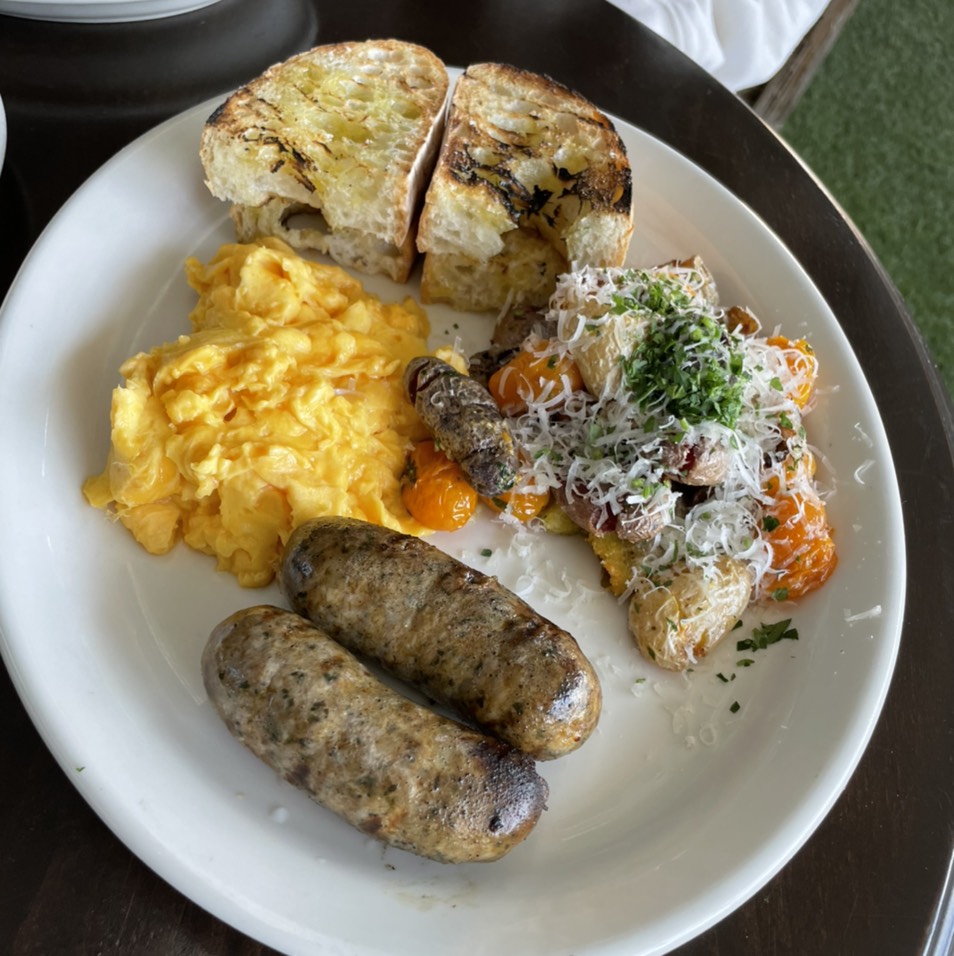 Your Eggs, Sausage, Parmesan Potatoes, Grilled Ciabatta $18 on #foodmento http://foodmento.com/dish/53233