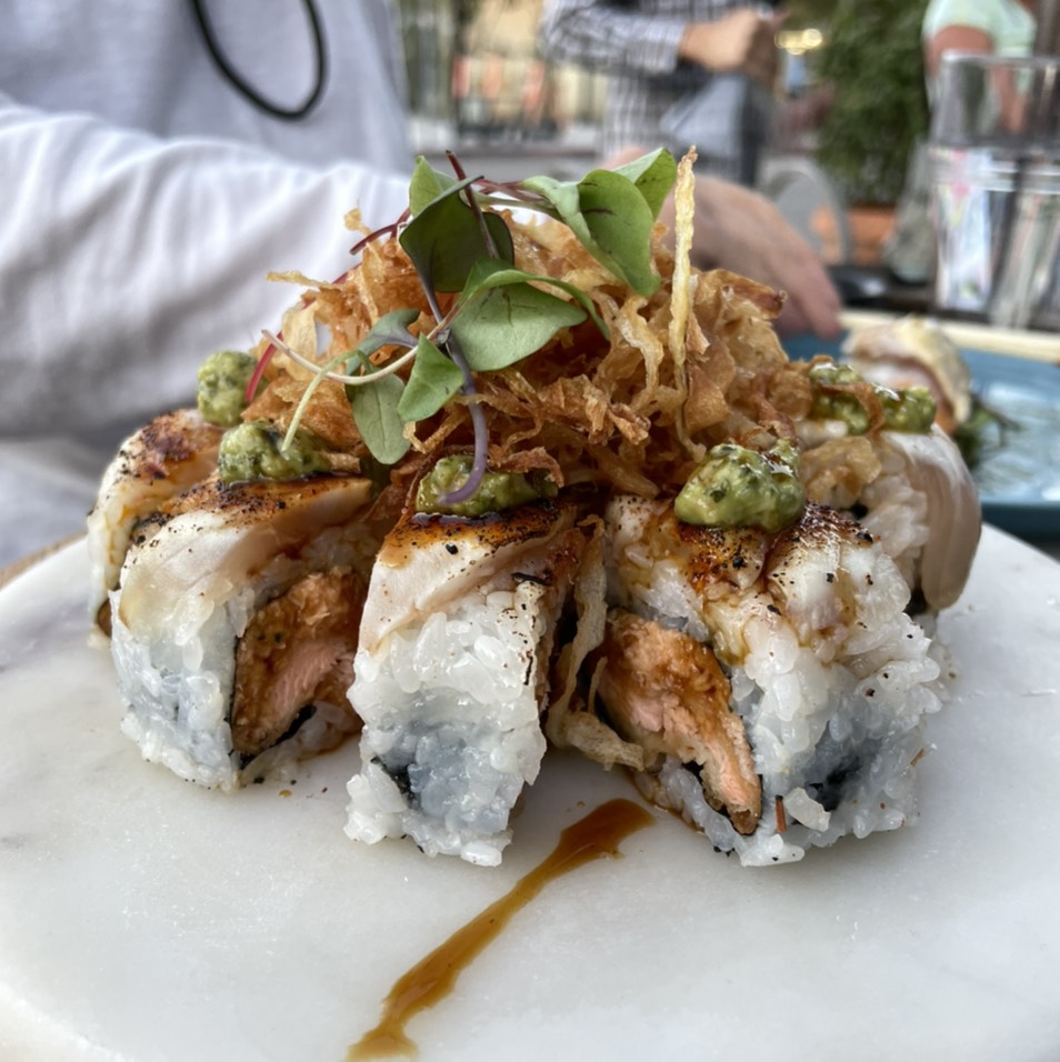 OG Kush Special Roll - Spicy blue crab, salmon tempura, albacore, pesto, fried onions $26 at Wabi on Rose on #foodmento http://foodmento.com/place/13980