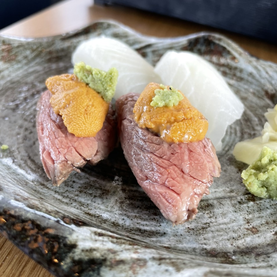 Zabuton Uni Nigiri (Prime Beef, Sea Urchin) $16 at n/soto on #foodmento http://foodmento.com/place/13997