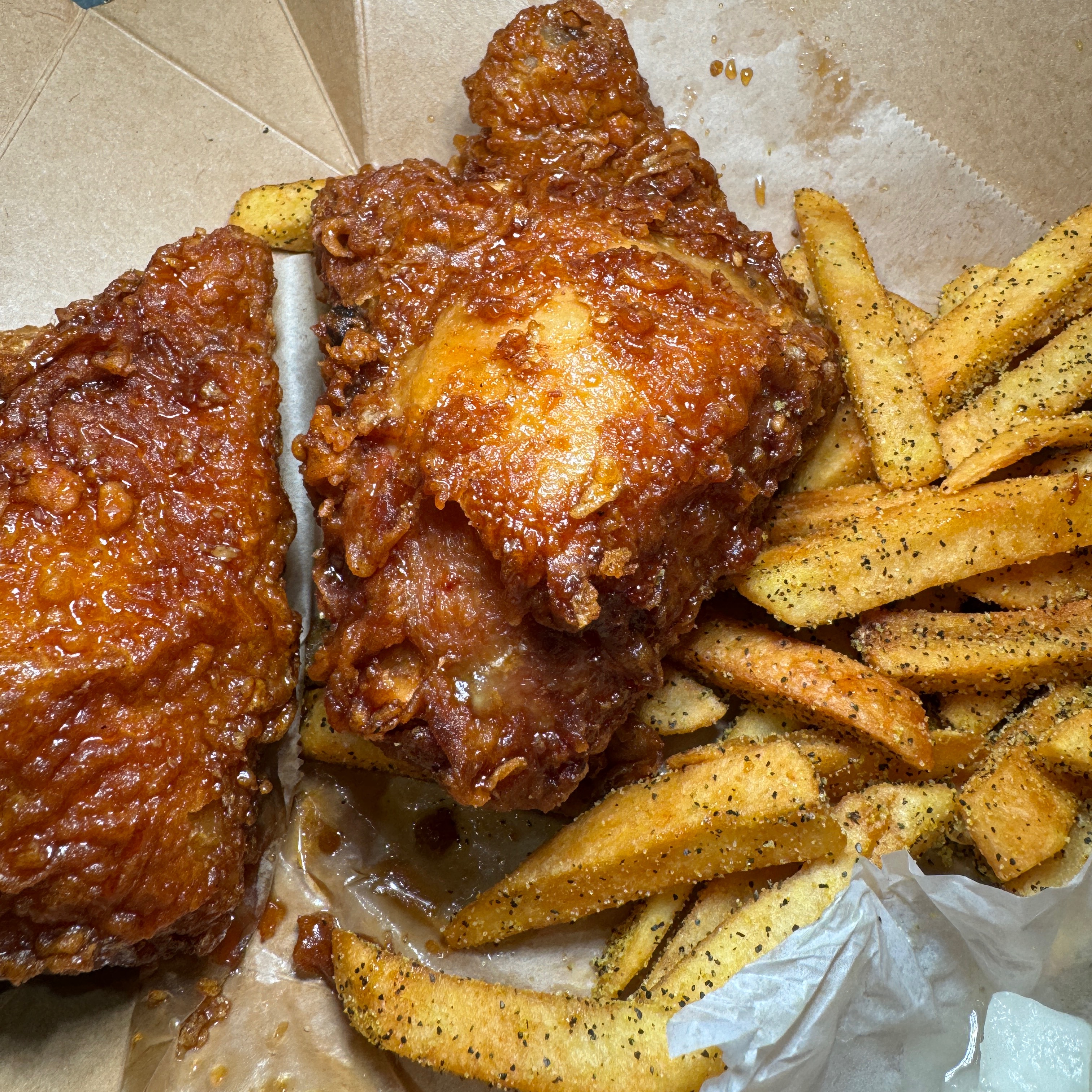 3 Pc Thigh & Leg With Fries $14 from Honey Dress Fried Chicken on #foodmento http://foodmento.com/dish/57613