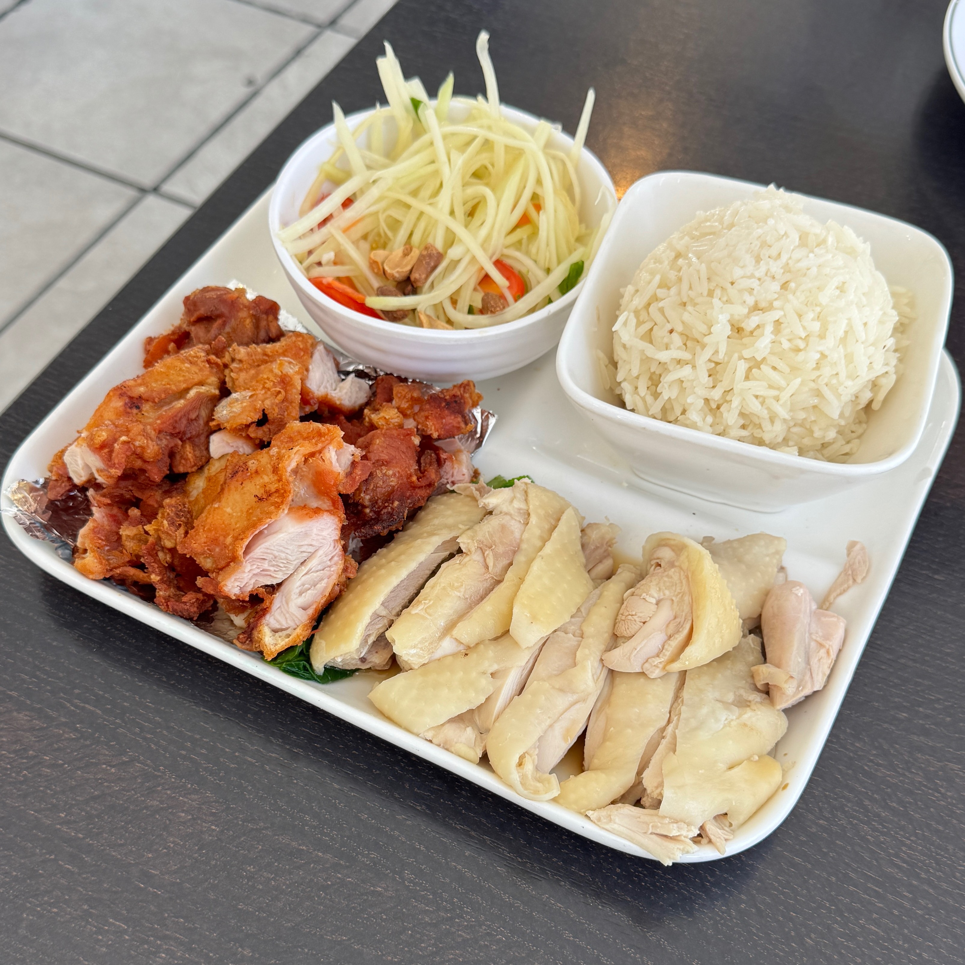 Half Steam Half Fried Chicken Rice, Papaya Salad $16 at Red Chicken Restaurant on #foodmento http://foodmento.com/place/15615