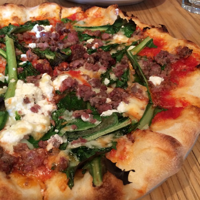 Lamb Sausage Pizza (with Dandelion Greens, Ricotta, Tomato Pecorino) at Pizzeria Delfina on #foodmento http://foodmento.com/place/2580