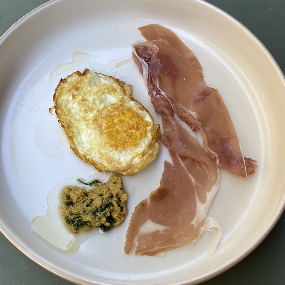 Fried Egg, Prosciutto, Mustard Vinaigrette from Chez Victoria (PRIVATE) on #foodmento http://foodmento.com/dish/50031