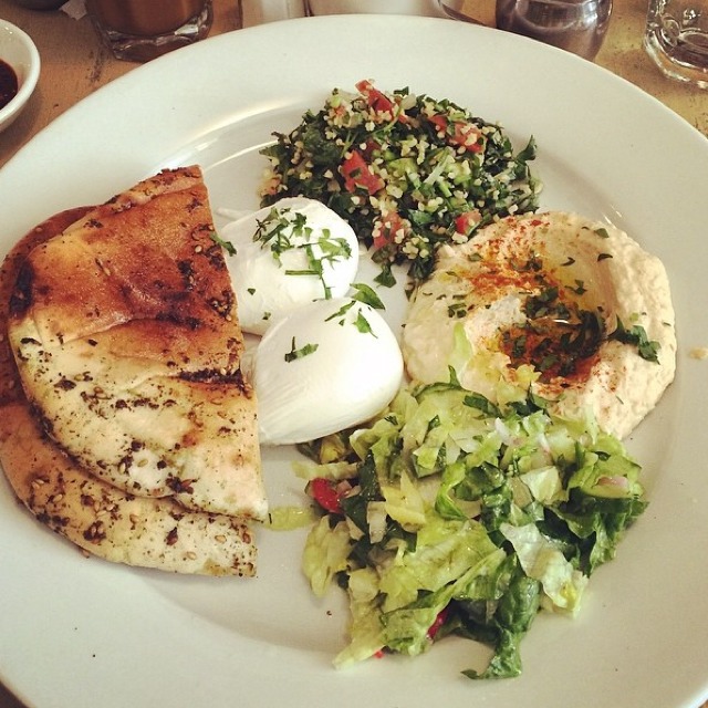 Middle Eastern Eggs (Hummus, Tabouli, Arabic Salad, Pita) at Cafe Mogador on #foodmento http://foodmento.com/place/2835