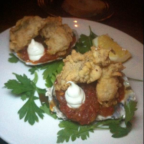 Fried Oysters w Piquillo Sofrito from Casa Mono / Bar Jamon on #foodmento http://foodmento.com/dish/1163