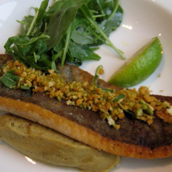 Sauteed Brook Trout w Brussel Sprout Puree from Nougatine at Jean Georges on #foodmento http://foodmento.com/dish/1290