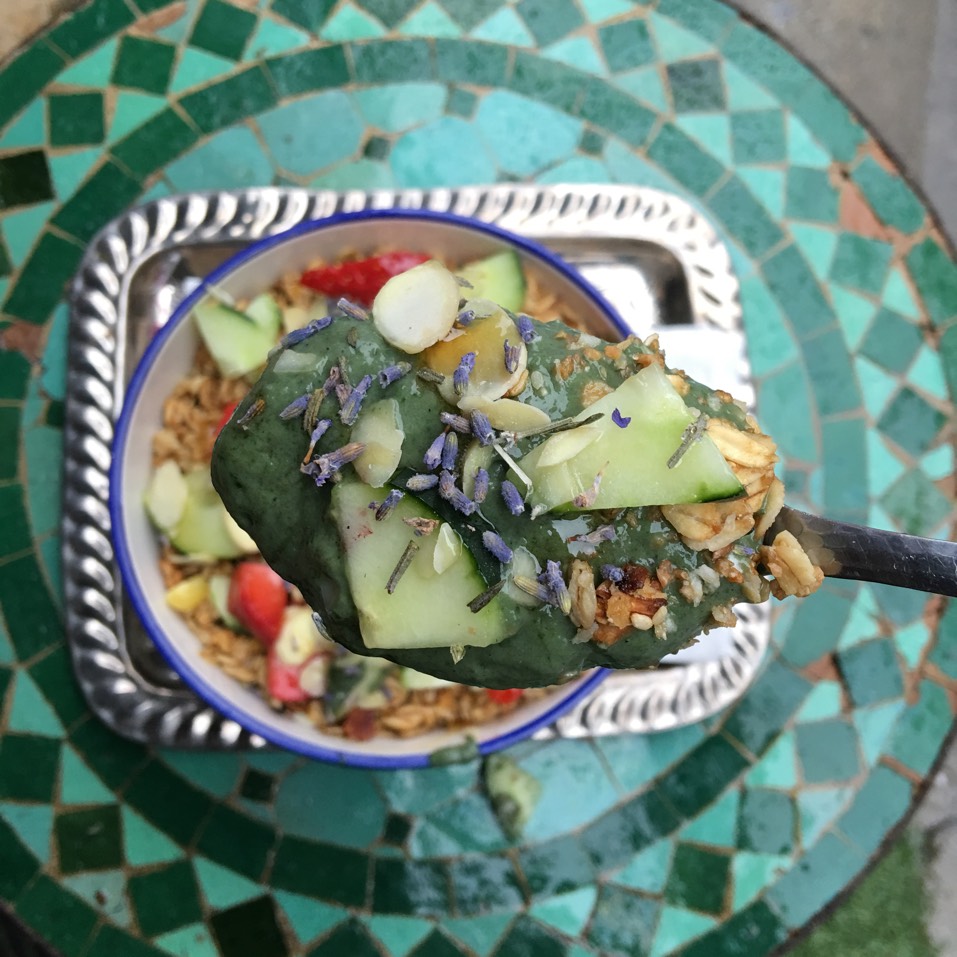 Green Acai Bowl (Acai, Banana, Kale, Spinach, Avo, Spirulina, Almond Milk) from Pause Cafe on #foodmento http://foodmento.com/dish/38006