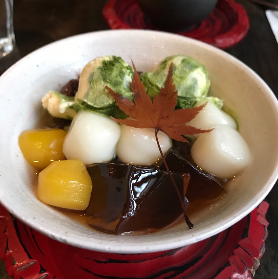 Hojicha Anmitsu (Green Tea Jelly, Mochi, Adzuki Bean) at Cha-An on #foodmento http://foodmento.com/place/3203