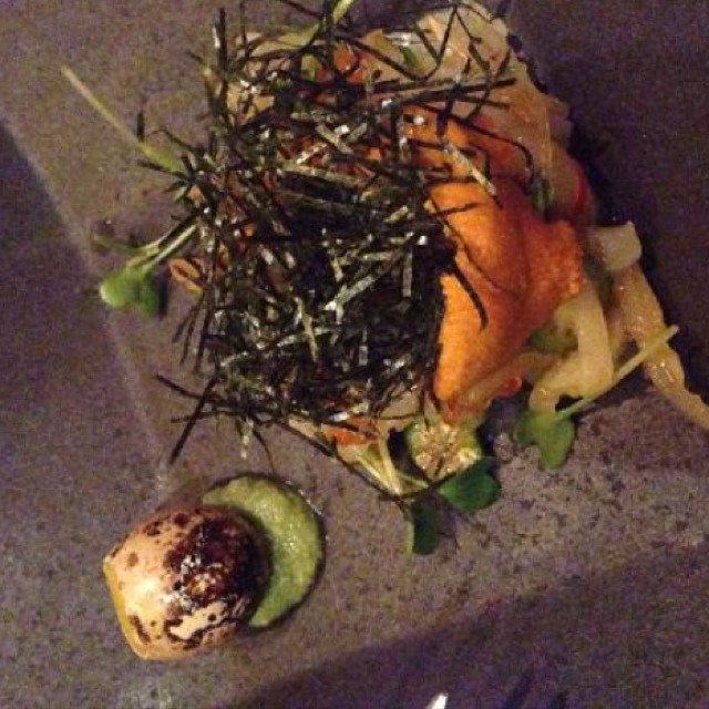 Lissa's Staff Meal (Cuttlefish, Uni, Quail Egg, Okra, Seaweed, Wasabi) at Ame on #foodmento http://foodmento.com/place/3287