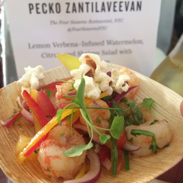 Pecko Zantilaveevan (Lemon Verbena-infused Watermelon, Citrus, & Shrimp Salad With Bacon Popcorn) at Chef's & Champagne (EVENT) on #foodmento http://foodmento.com/place/3475