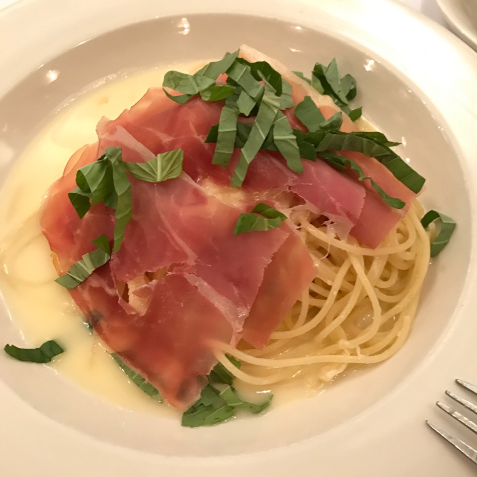 Spaghetti, Parmigiano Reggiano, Parma Prosciutto (Table Side) from Basta Pasta on #foodmento http://foodmento.com/dish/14002