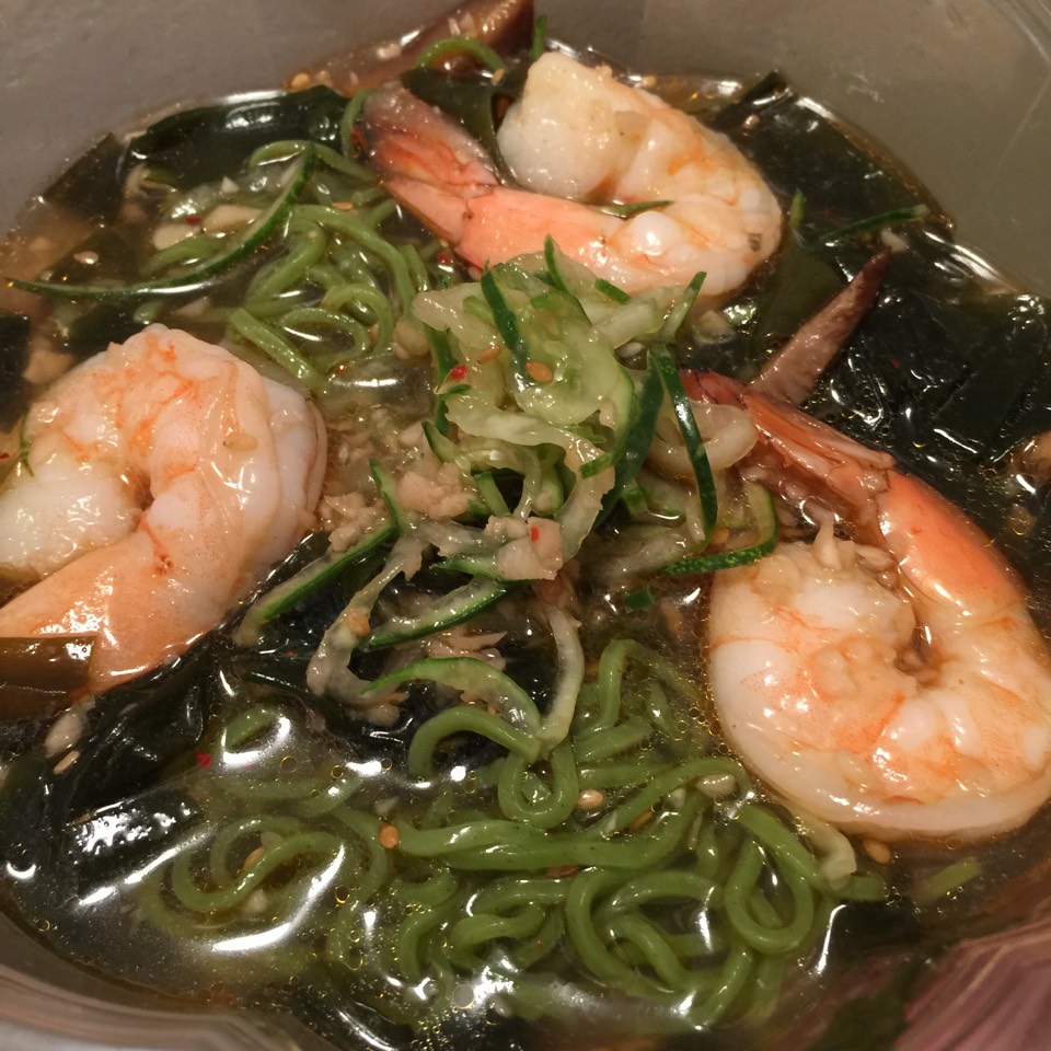Miyeok 'Seaweed' Cold Ramen (Green Tea Noodles, Seafood Broth, Shrimp) at Mōkbar on #foodmento http://foodmento.com/place/3541