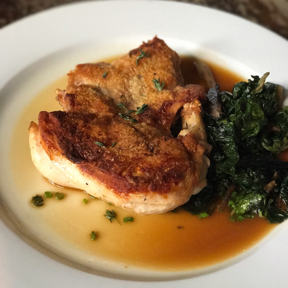 Iron Roast Split Chicken, Swiss Chard, Natural Jus from Left Bank New York on #foodmento http://foodmento.com/dish/41407