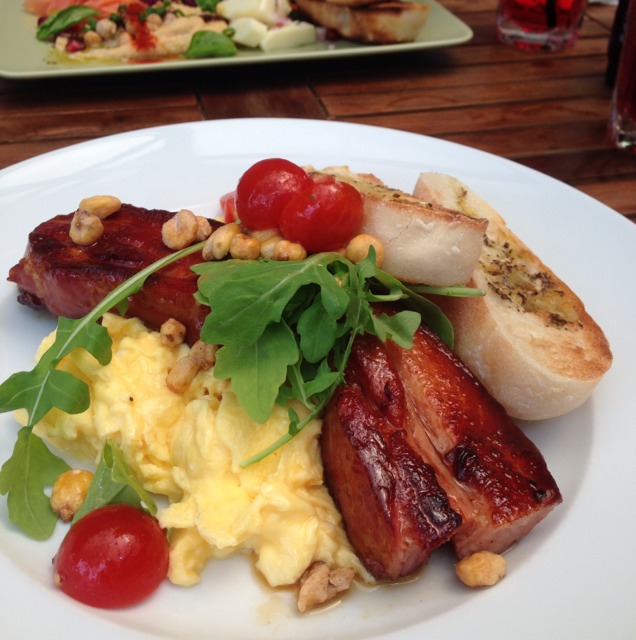 Soft Scrambled Eggs, Thick Cut Maple Bacon Chop from Artichoke Café + Bar on #foodmento http://foodmento.com/dish/4590
