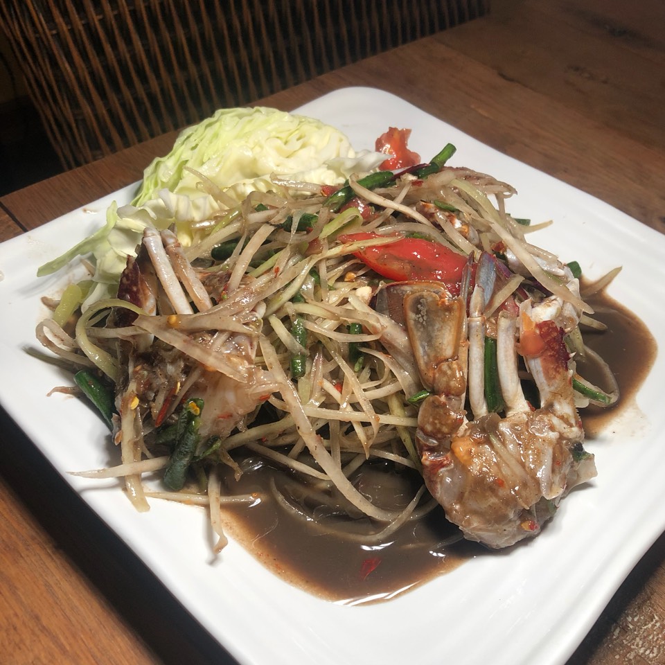 Papaya Salad With Raw Blue Crab (Lacha Signature Style With Black Crab Sauce, Fermented Fish Sauce) $15 at Lacha Somtum Thai Restaurant | ราชาส้มตำ on #foodmento http://foodmento.com/place/3772
