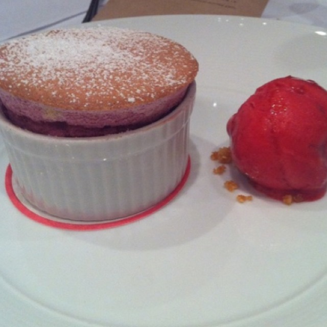 vanilla souffle with raspberry sorbet at db Bistro & Oyster Bar on #foodmento http://foodmento.com/place/37