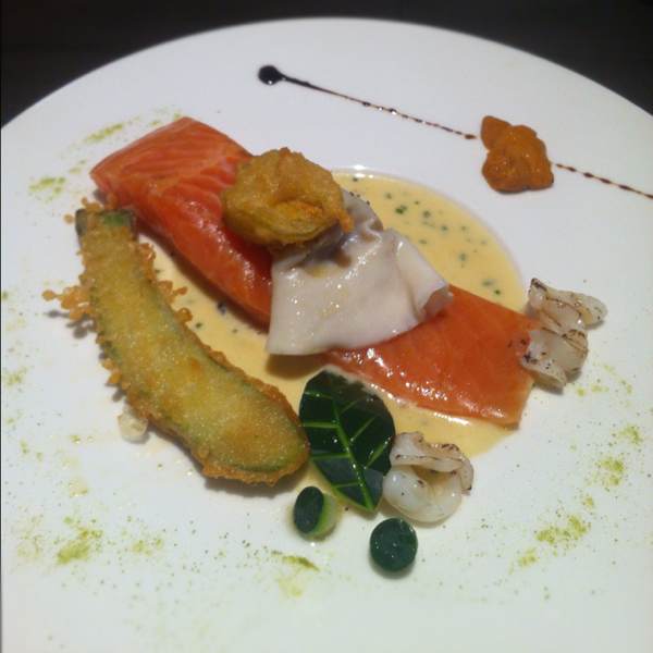Ocean Trout (Foie Gras Ravioli, Zucchini Flower Tempura...) from Private Affairs on #foodmento http://foodmento.com/dish/1307