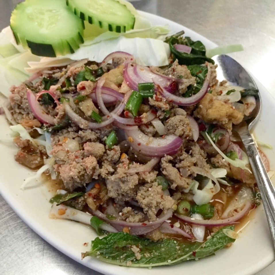 Larb Ped (Duck Larb with Duck Skin) at Zabb Elee (CLOSED) on #foodmento http://foodmento.com/place/4091