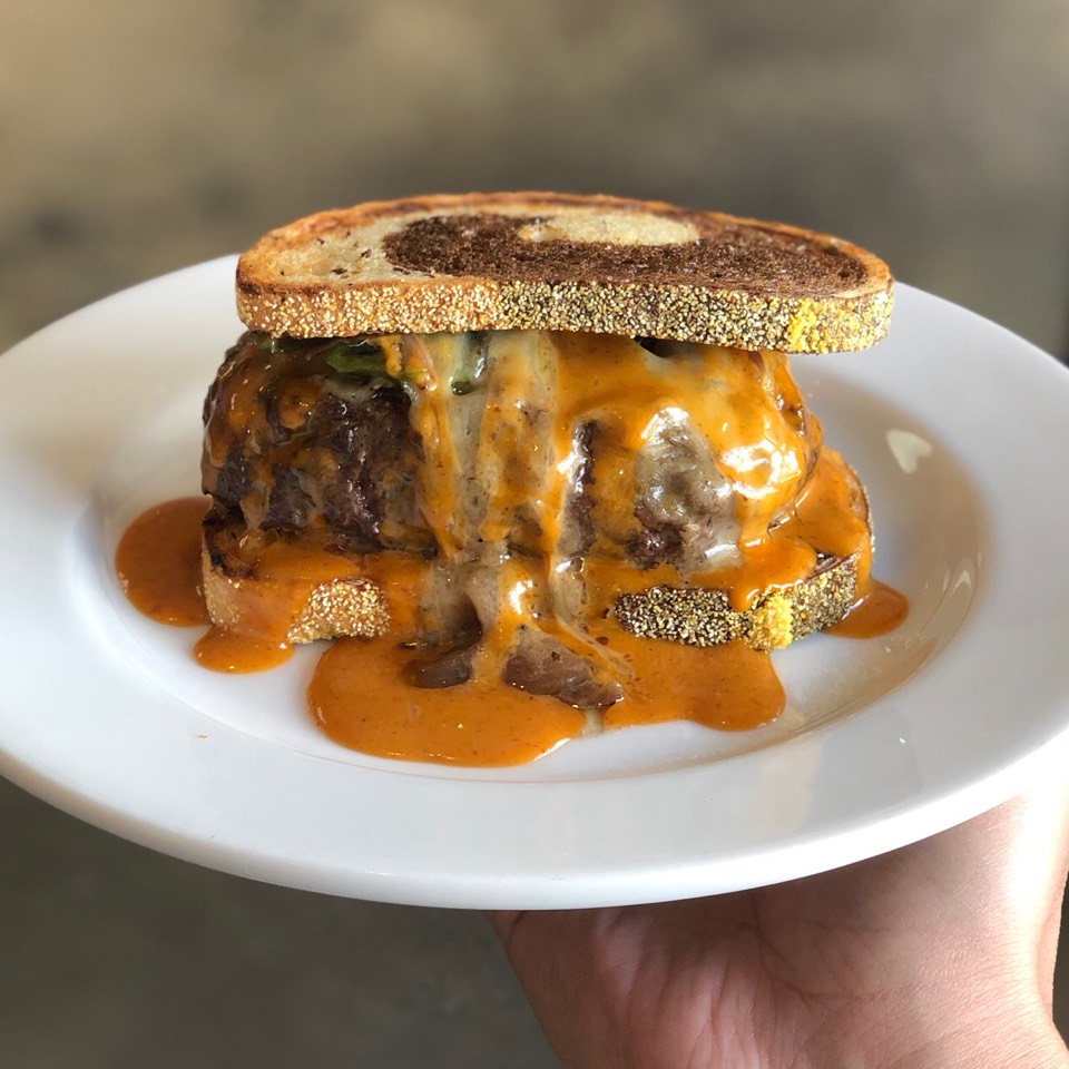 Boner Burger (Chuck/short rib/bone marrow patty, jack cheese, poblano, caramelized onion, 420 sauce on marble rye ) from Animal on #foodmento http://foodmento.com/dish/31489