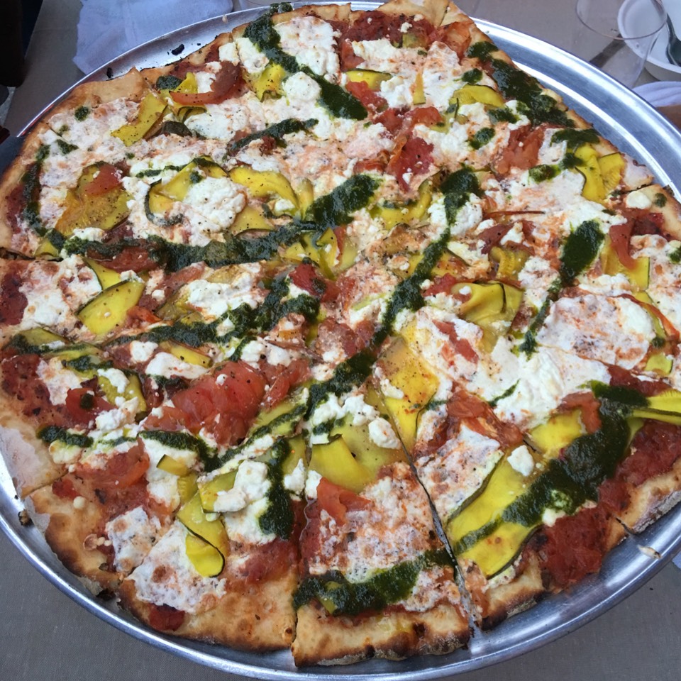 Pizza With Pickled Zucchini, Smoked Tomato, Goat Cheese at Pauline & Sharon's on #foodmento http://foodmento.com/place/4265
