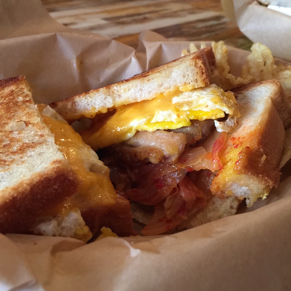NY State Grilled Cheese (Cheddar, Pork Belly, Kimchee, Fried Egg) at Earl's Beer & Cheese on #foodmento http://foodmento.com/place/4266