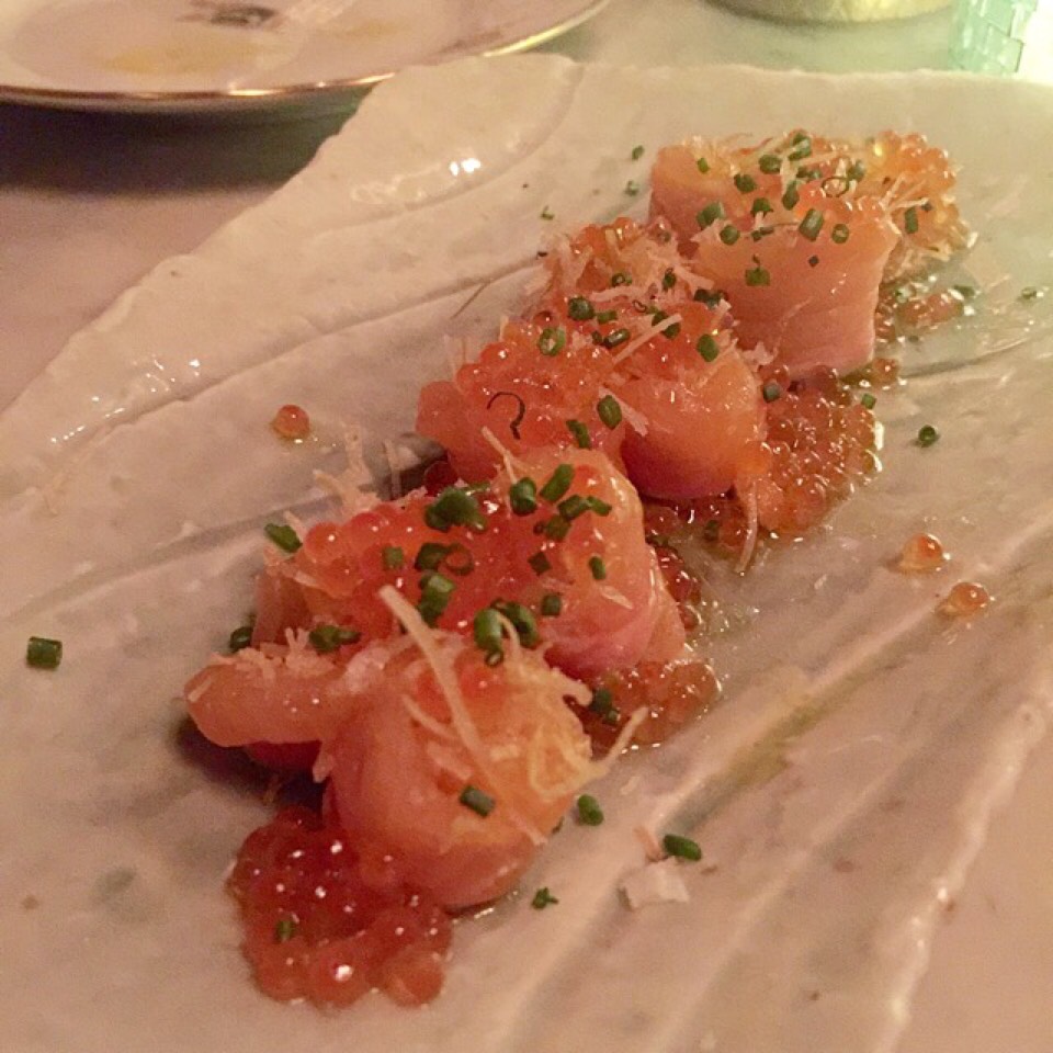Cherry Trout Crudo, Trout Roe, Fried Leeks at ZZ's Clam Bar on #foodmento http://foodmento.com/place/4635