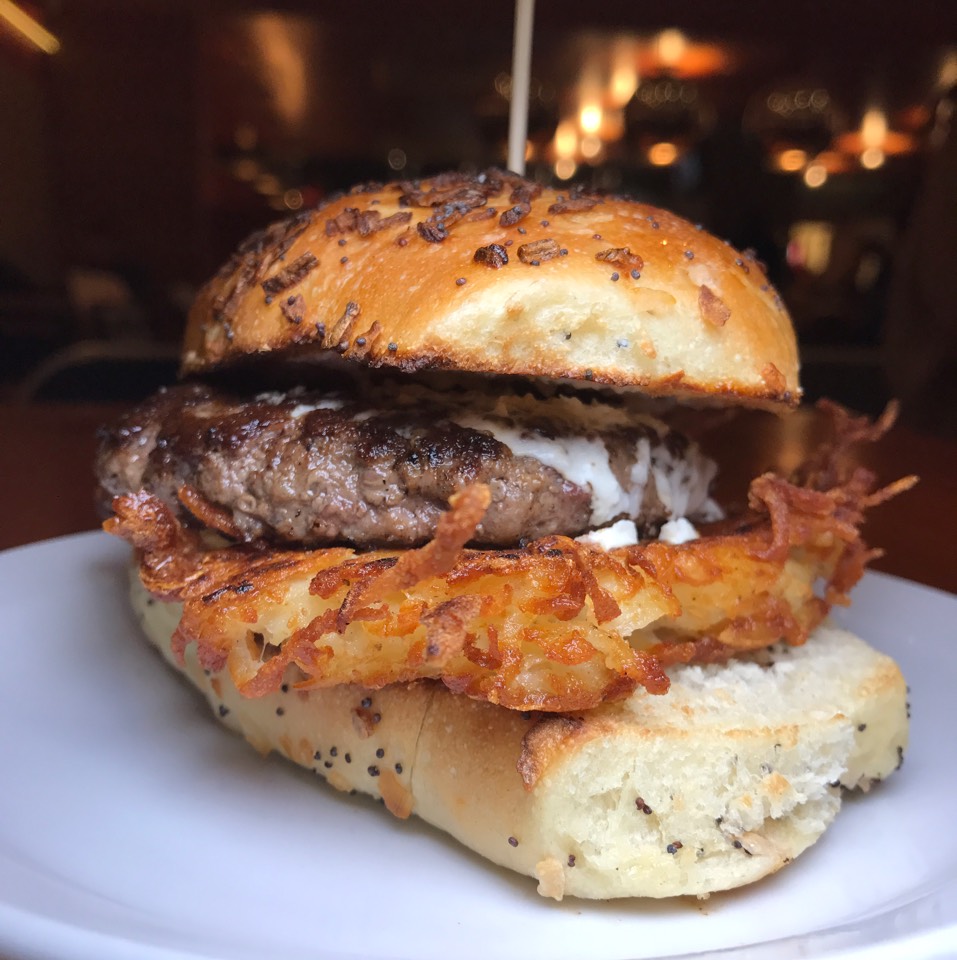 Latke Burger (Burger, Caramelized Onions, Crispy Potato Latke, Horseradish Cream) Special  at Schnipper's Quality Kitchen on #foodmento http://foodmento.com/place/5030