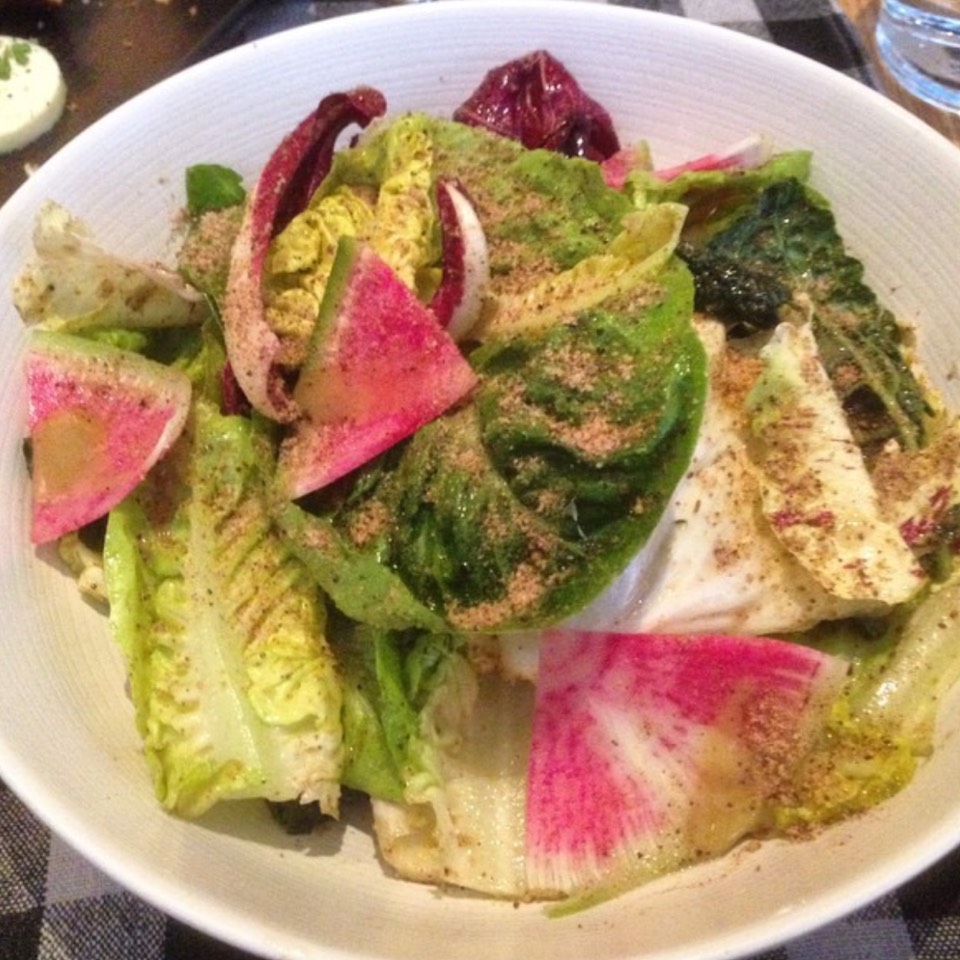 Five lettuce ‘caesar’ salad, bordeaux radish + garlic anchovy vinaigrette  at Upland on #foodmento http://foodmento.com/place/5060