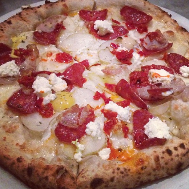 Quail Egg, White Rose Potato, & Guanciale California Style Pizza from Tony’s Pizza Napoletana on #foodmento http://foodmento.com/dish/2284