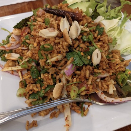 Nam Kao Tod (Crispy Rice, Minced Sour Pork Sausage...) at Lotus of Siam on #foodmento http://foodmento.com/place/5253