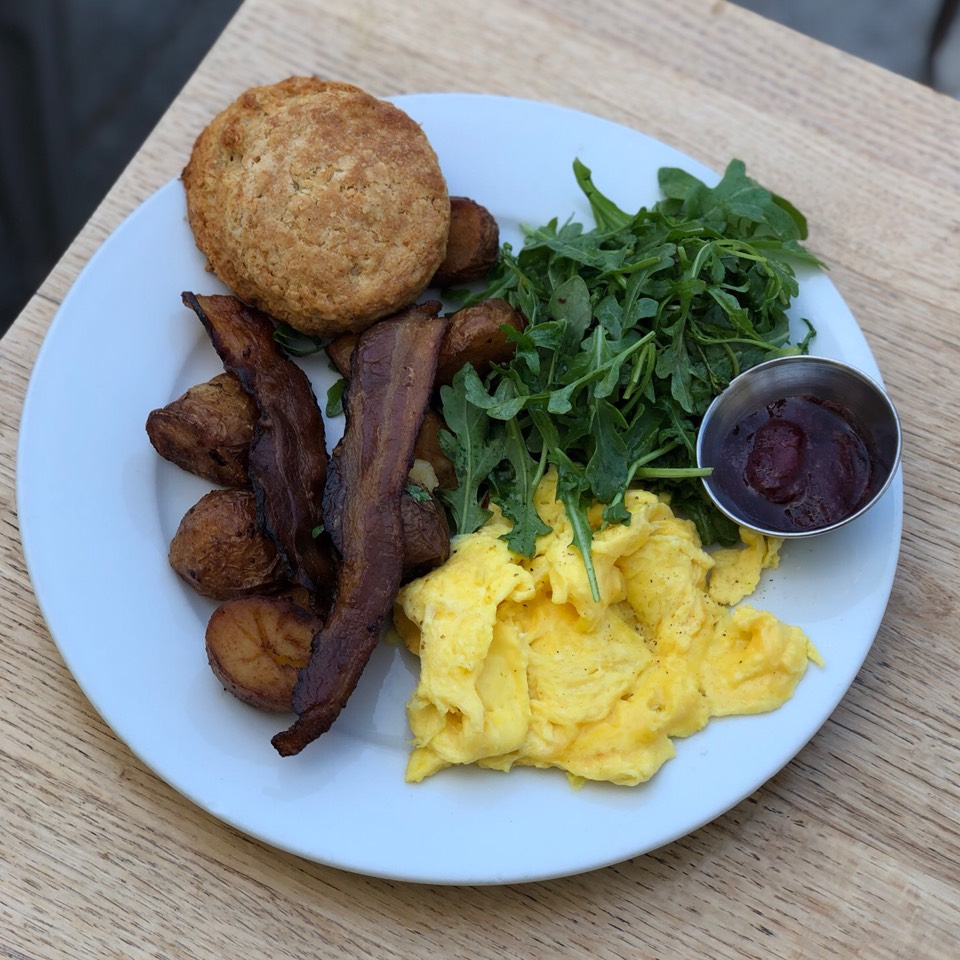 Country Breakfast (Organic Egg, Nimen Ranch Bacon, Yukon Gold Potatoes, Biscuit) at Huckleberry Cafe & Bakery on #foodmento http://foodmento.com/place/5336
