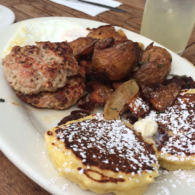 The Plow (Two Eggs, Pork Sausage / Bacon / Chicken Apple Sausage, Lemon Ricotta Pancakes, Potatoes) at Plow on #foodmento http://foodmento.com/place/541