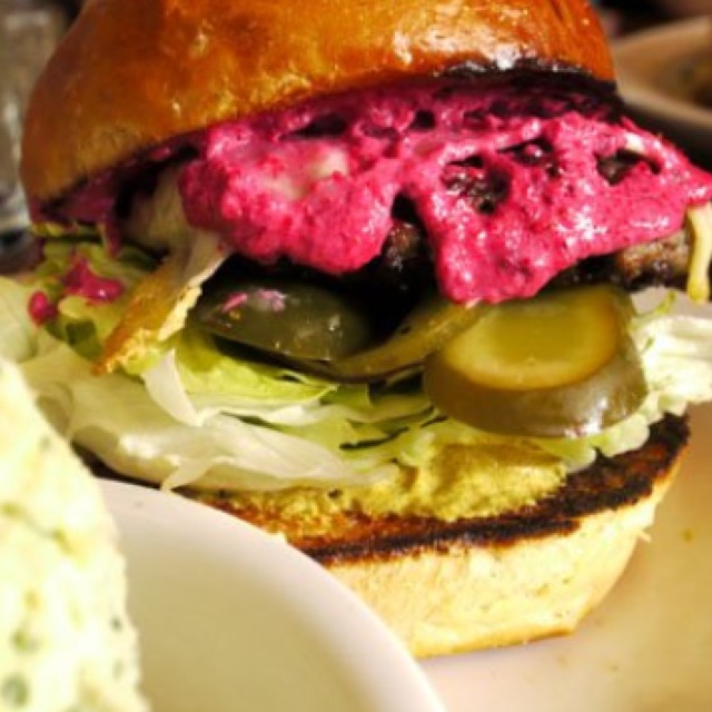 Deli Burger (Ground Beef w Pastrami, Beet Horseradish Spread, Mustard on Challah) from Wise Sons Jewish Delicatessen on #foodmento http://foodmento.com/dish/2301