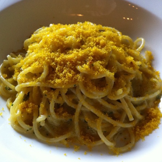 Spaghittusu Cun Allu Ollu E Bottariga (Fresh Spaghetti w Spicy Oil & Bottarga, Cured Tuna Eggs) from La Ciccia on #foodmento http://foodmento.com/dish/2208