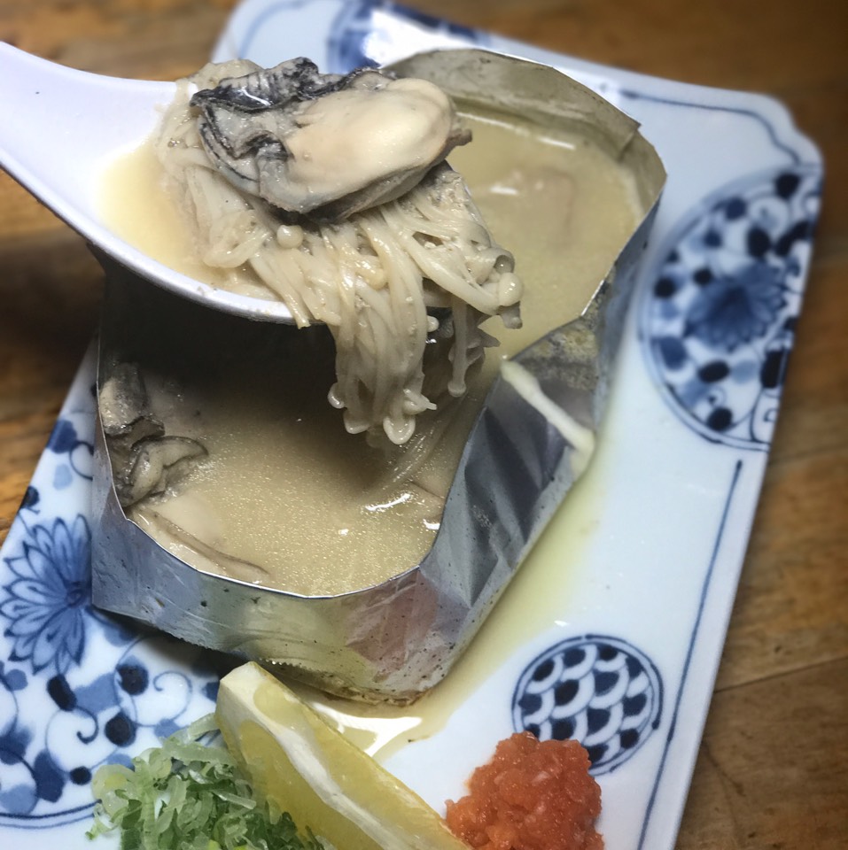 Kaki Foil-Yaki (Oysters, Enoki cookied in foil) from Tomoe Sushi on #foodmento http://foodmento.com/dish/42125