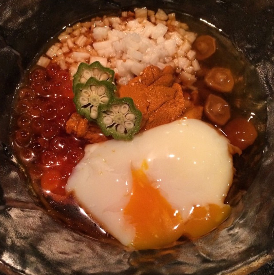 Poached Egg w/ Sea Urchin & Salmon Roe - Cold Dish at Raku on #foodmento http://foodmento.com/place/5695