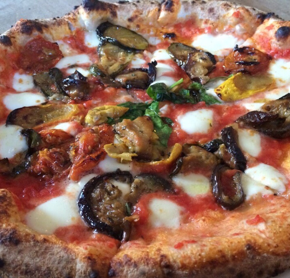 Ortolana Pizza (marzano tomatoes, mozzarella , roasted zucchini, eggplant, basil) from Saraghina on #foodmento http://foodmento.com/dish/23748