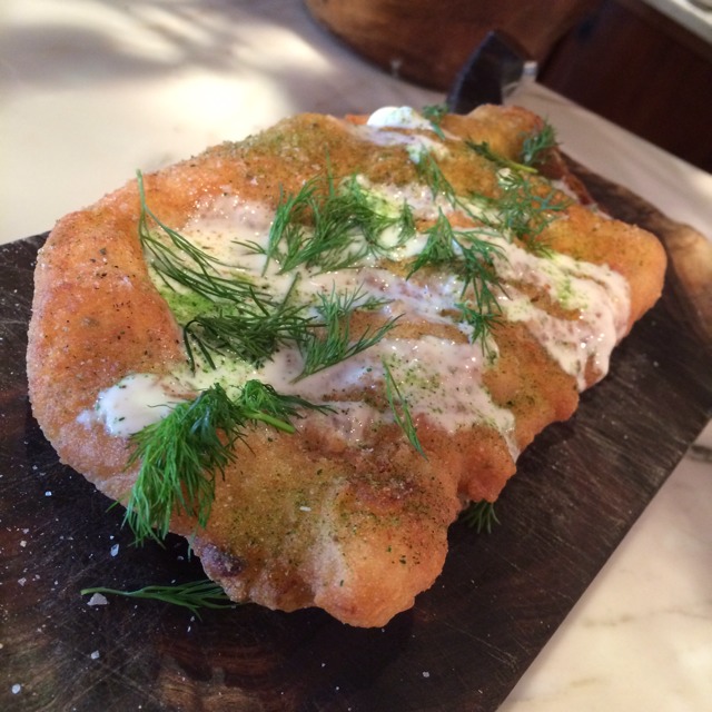 Langos (Fried Potato Bread with Garlic, Sour Cream) at Bar Tartine (CLOSED) on #foodmento http://foodmento.com/place/595