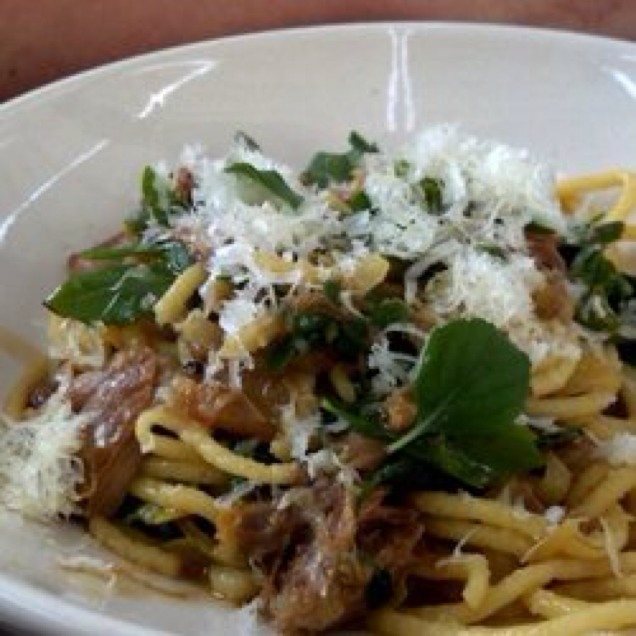Spaghetti (w Braised Chicken Leg, Bacon, Yellow Corn, Scallions & Savory Cabbage) from Bar Agricole on #foodmento http://foodmento.com/dish/2135